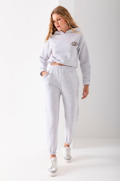 GİYSA Women's Hooded California Embroidered Stopper Detailed Tracksuit Set Gray - 2606