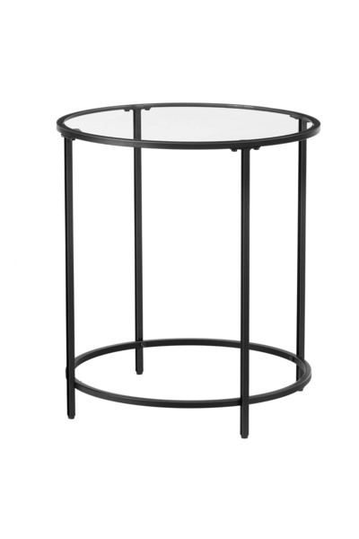 VASAGLE Masă rotundă, sticlă securizată cu cadru din oțel, noptieră, 50x50x55cm, neagră