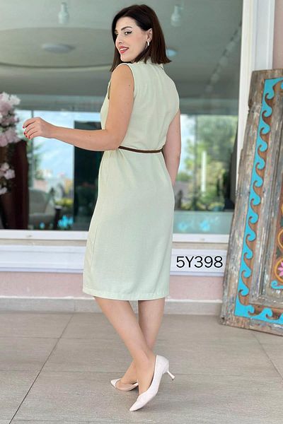 İnce Topuk Zero Sleeve Belted Linen Dress 5Y398