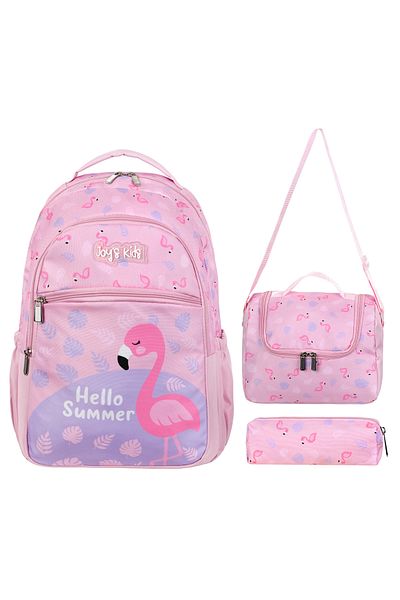 CAKARD Joy's Kids 3-Piece Flamingo Patterned School Bag Set (Backpack + Lunchbox + Pen Holder) - Pink