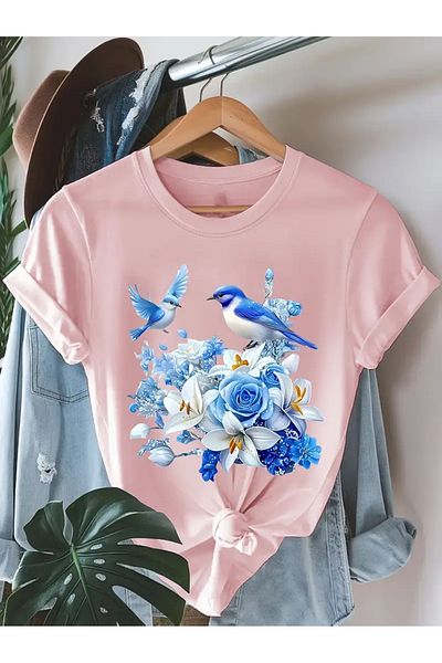 l'eivor Bird & Flower Printed Women's Cotton T-Shirt