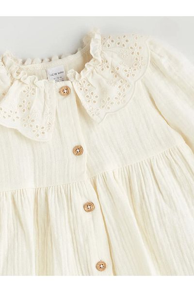 LC Waikiki Lcw Babyecru Baby Collar Textured Baby Girl Muslin Shirt Dress