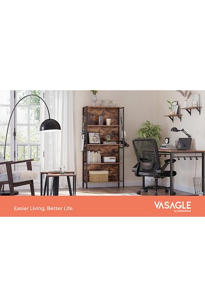 VASAGLE Bookcase, 4-tier shelf, steel frame and MDF shelves, 74x30x155cm, rustic brown and black