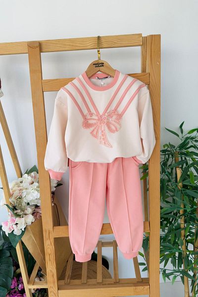 Minigimin Cicileri Little Girl's 2-Piece Set with Stones and Bow Detail - Salmon