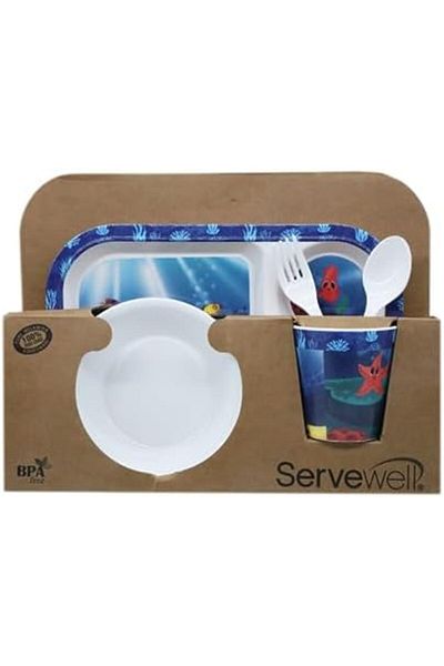 Servewell Melamine Kids 5-Pcs Set – 11" Plate, 5.5" Bowl, 3.2"x2.2" Tumbler, 6.3" Spoon & Fork