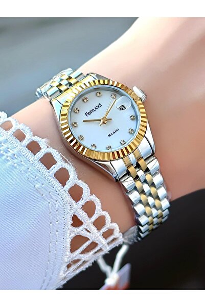 Ferrucci Gold & Gümüş Beyaz Kadran Metal Kordon Takvimli Kadın Kol Saati