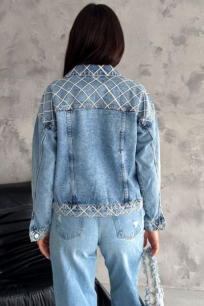 FashionForYou Arusha women's short jacket, with geometric details and metal buttons, Denim Blue, M