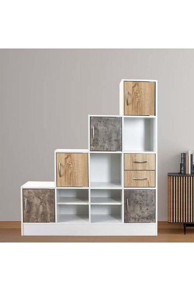 BAITY Office Shelving Unit - Malaysian Wood with 4 Tiers and Storage Drawers