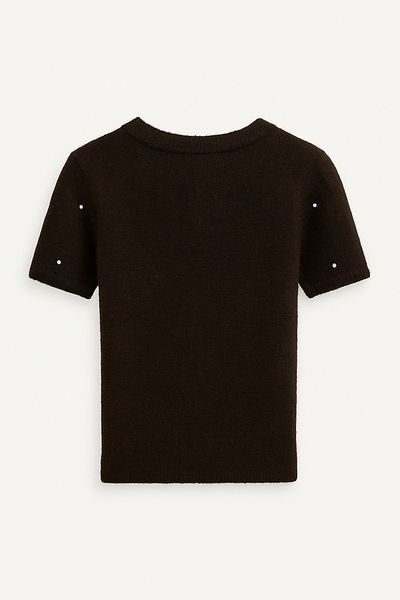 Amia&Co. Bitter Brown Stone Embroidered Crew Neck Short Sleeve Sweater