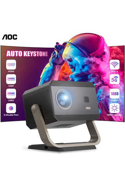 Aoc Portable Projector Full HD 4K/1080P, Adjustable Angle Projector with Wifi6 and Bluetooth,15000 Lumen
