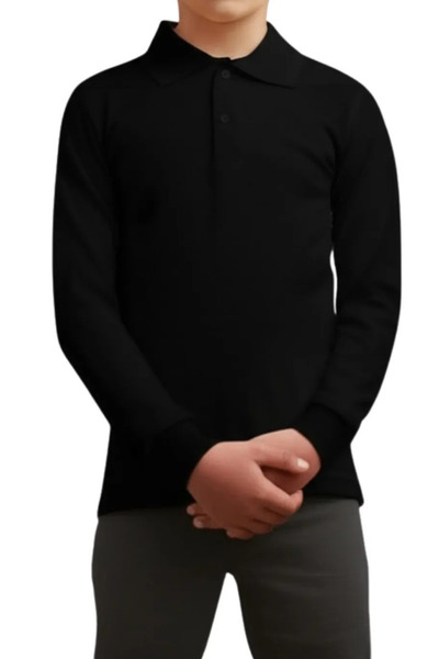 ModAras Tricou negru cu mânecă lungă pentru copii, cu guler polo, pentru zi c...