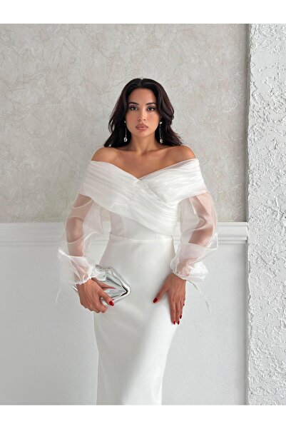 Serica Moda White Chiffon Sleeve Detail Off Shoulder Mermaid Evening Dress