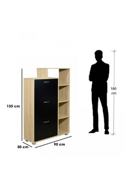 BAITY 3-Tier Shoe Organizer Cabinet with Side Shelves, Malaysian Wood – Wooden and Black