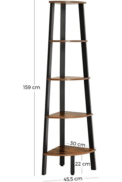 VASAGLE 5-Tier Corner Bookcase, Metal Frame and Wooden Shelves, 33x34x159cm, Rustic Brown and Black