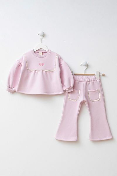 Minipodyum Bow Detailed Embroidered Pocket Girl's Top and Bottom Set