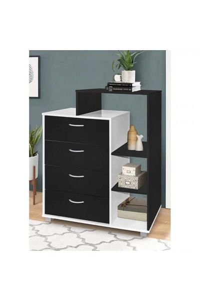 BAITY Wooden Malaysian Cabinet with 4 Drawers and Shelves – Black and White