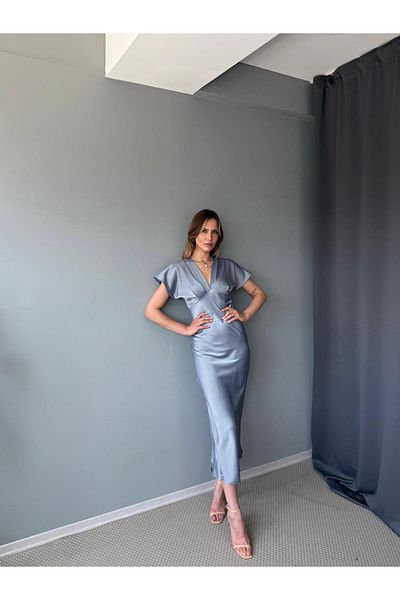 AlisaSu Women's Gray V-Neck Satin Midi Dress