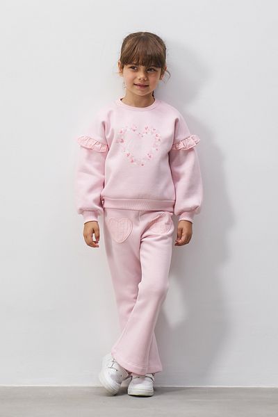 Minipodyum Printed Heart Detailed Pocketed Girl's Top and Bottom Set