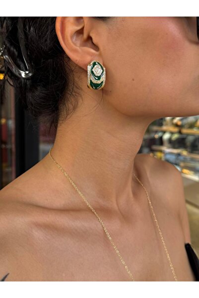 neslyaccessories Green Enamel and Zircon Stone Flashy Earrings