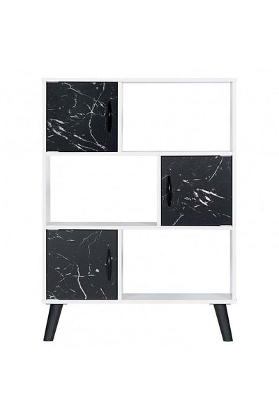 BAITY Malaysian Wood Three-Shelf Divided Bookcase In Marble Black And White