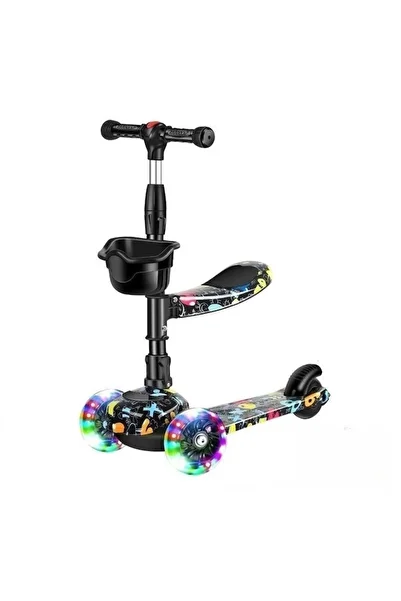 Mixbo Adjustable 3-in-1 Scooter with 3 Wheels Mixbo, Lights and Folding Seat, Abstract Print, Black