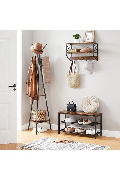 VASAGLE Metal coat rack, with 2 MDF shelves, height 179cm, industrial style, rustic brown and black