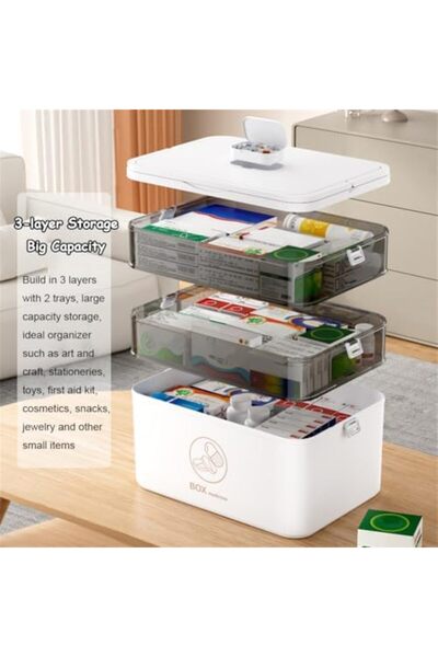 Generic 3-Tier Medicine Storage Box, Empty Family Emergencies First Aid Kit Container, Portable Plastic Medi