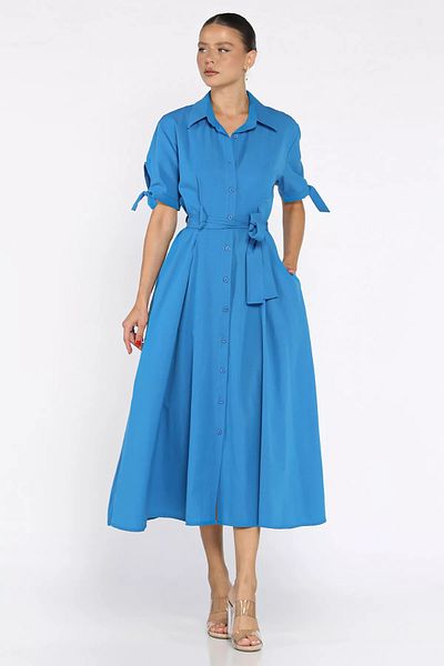 GÜLSELİ Dark Blue Buttoned and Pleated Short Sleeve Long Dress