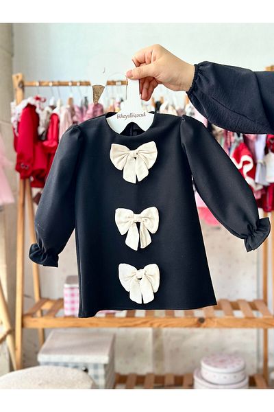 BİHAYALBİÇOCUK Black Bow Long Sleeve Dress