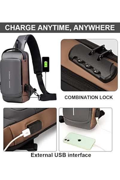 Primo Plus Black With Brown Anti Theft Sling Bagwaterproof Chest Daypack With Usb ChargingShoulder chestpack