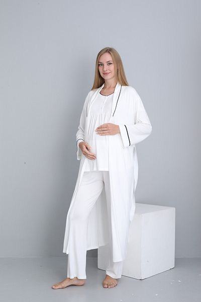 Miss Dünya Lissa Breastfeeding Suitable Collar Detailed Long Morning Gown Maternity and Postpartum Pajama Set
