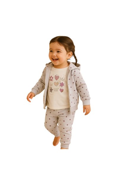 Victor and Jane Baby Girl Heart & Star Cotton Fleece 3-Piece Set – Light Grey...