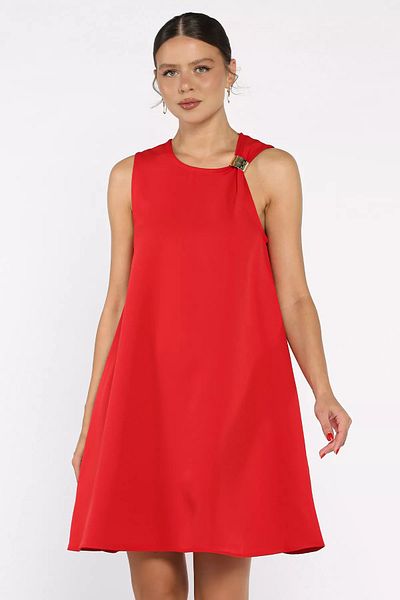 GÜLSELİ Red Shoulder Buckle Comfortable Short Dress