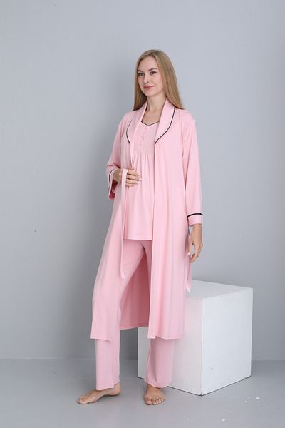 Miss Dünya Lissa Breastfeeding Suitable Collar Detailed Long Morning Gown Maternity and Postpartum Pajama Set