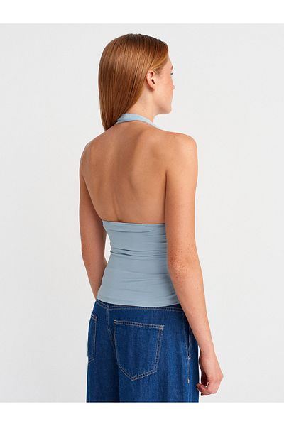 Dilvin 31968 Gathered Halter Neck Top-Dark Blue