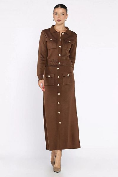 GÜLSELİ Brown Button Detailed Cardigan Skirt Knitwear Double Set