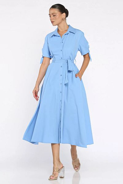 GÜLSELİ Blue Buttoned and Pleated Short Sleeve Long Dress