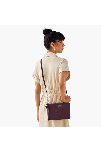 Guess Tidewood Monogram Embossed Crossbody Bag with Chain Accented Strap and Zip Closure