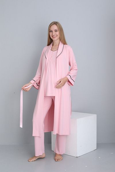 Miss Dünya Lissa Breastfeeding Suitable Collar Detailed Long Morning Gown Maternity and Postpartum Pajama Set