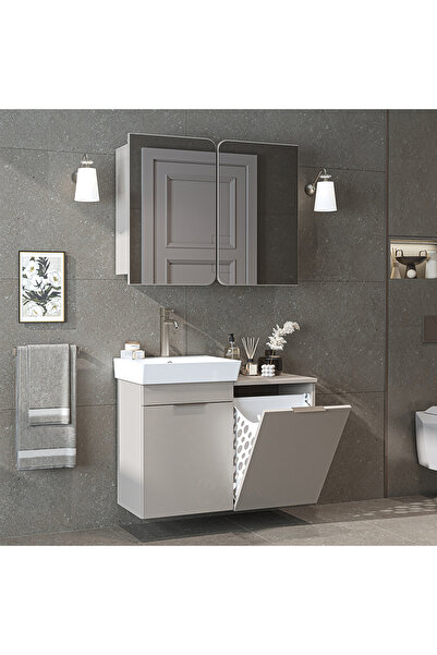 ROOMART Dubai Sepetli Mdflam Banyo Dolabı, Lavabolu Banyo Alt Dolabı + Aynalı Banyo Üst Dolabı Takımı