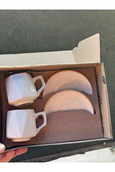 CeM Porselen 2 Person Orange Striped Coffee Cup Set