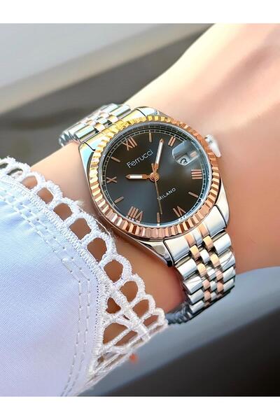 Ferrucci Rose Gold & Gümüş Siyah Kadran Metal Kordon Kadın Kol Saati