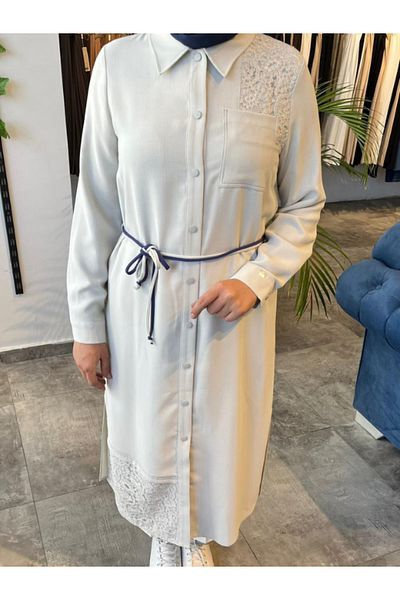 Zühre Shirt Collar Lace Detail Long Lavender Tunic T-1451