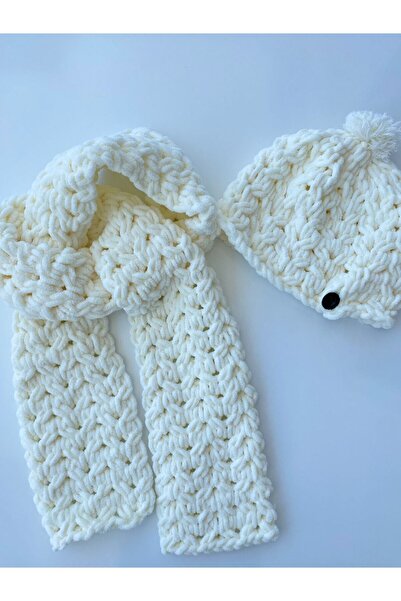 OEM El Örgüsü Çocuk Atkı ve Bere Seti, 7-10 Yaş, Beyaz