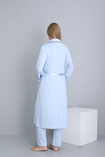 Miss Dünya Lissa Breastfeeding Suitable Collar Detailed Long Morning Gown Maternity and Postpartum Pajama Set