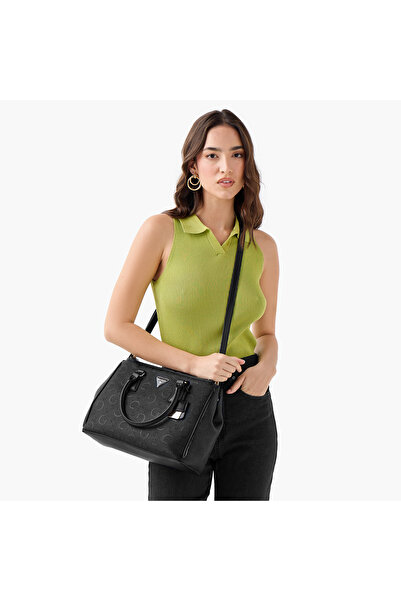 Guess Monogram Embossed Tote Bag with Detachable Strap and Zip Closure