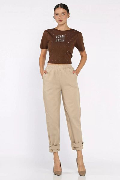 GÜLSELİ Light Mink Elastic Waist Gabardine Trousers
