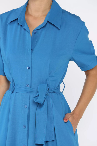 GÜLSELİ Σκούρο μπλε κοντομάνικο μακρύ φόρεμα με κουμπιά και πλισέ