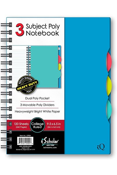 ischolar iQ 3 Subject Poly Cover Double Wire Notebook, College Rule, 9.5 x 6.5 Inches, 120 Sheets