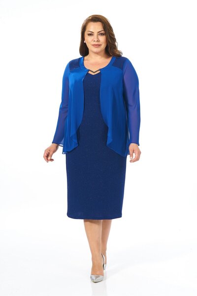 LİLAS XXL Büyük Beden Sax Renkli Likralı Simli Abiye Elbise